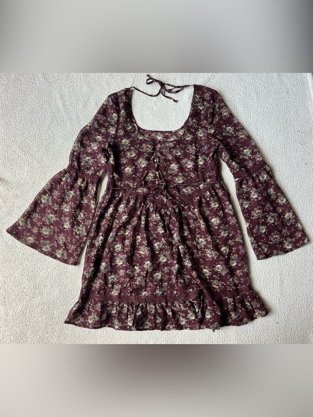 Band of Gypsies Burgundy Floral Sheer Babydoll Country Western Flare Dress Small